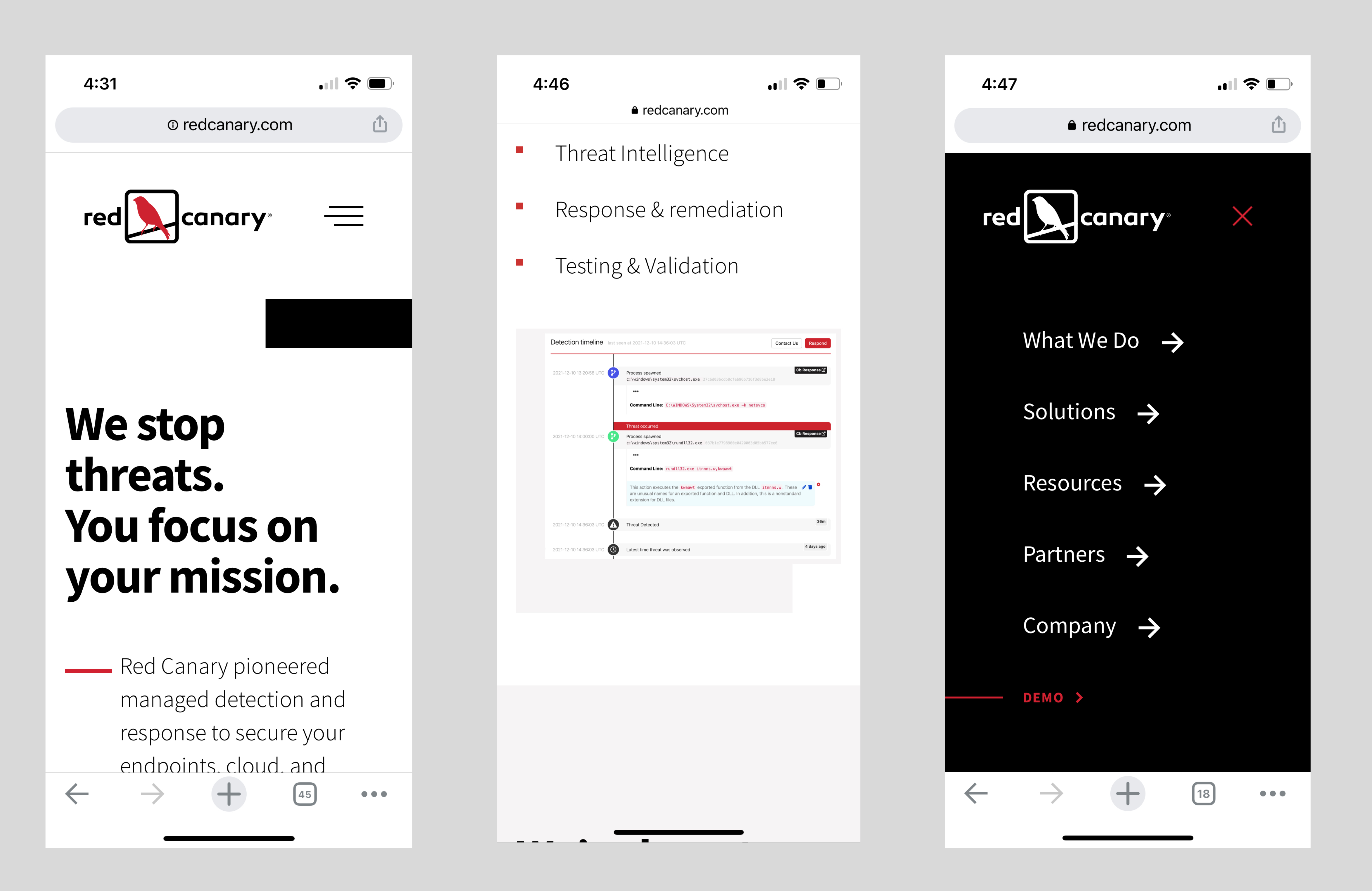 Before state: existing Red Canary mobile experience showing navigation and layout issues