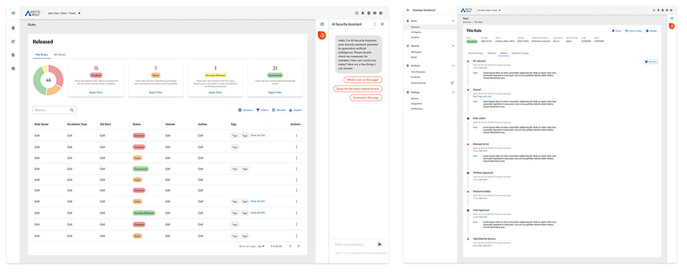 Management dashboard: rules list with status metrics, AI assistant panel, and rule history timeline
