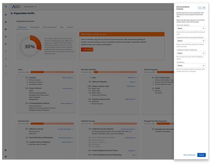 V1 dashboard with the Communications Contacts drawer open: form fields for Executive Sponsor, Deployment Communications Contacts, Intelligence Report Recipients, and Escalations